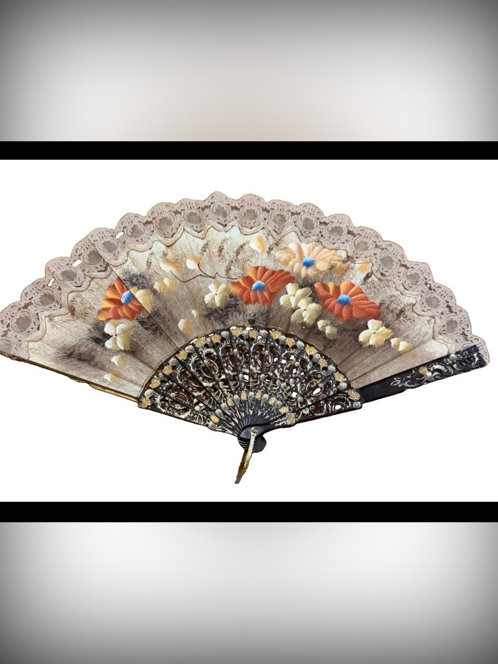 Vintage Spanish Hand Painted Floral Lace Folding Fan Brown Gold Accents Plastic
